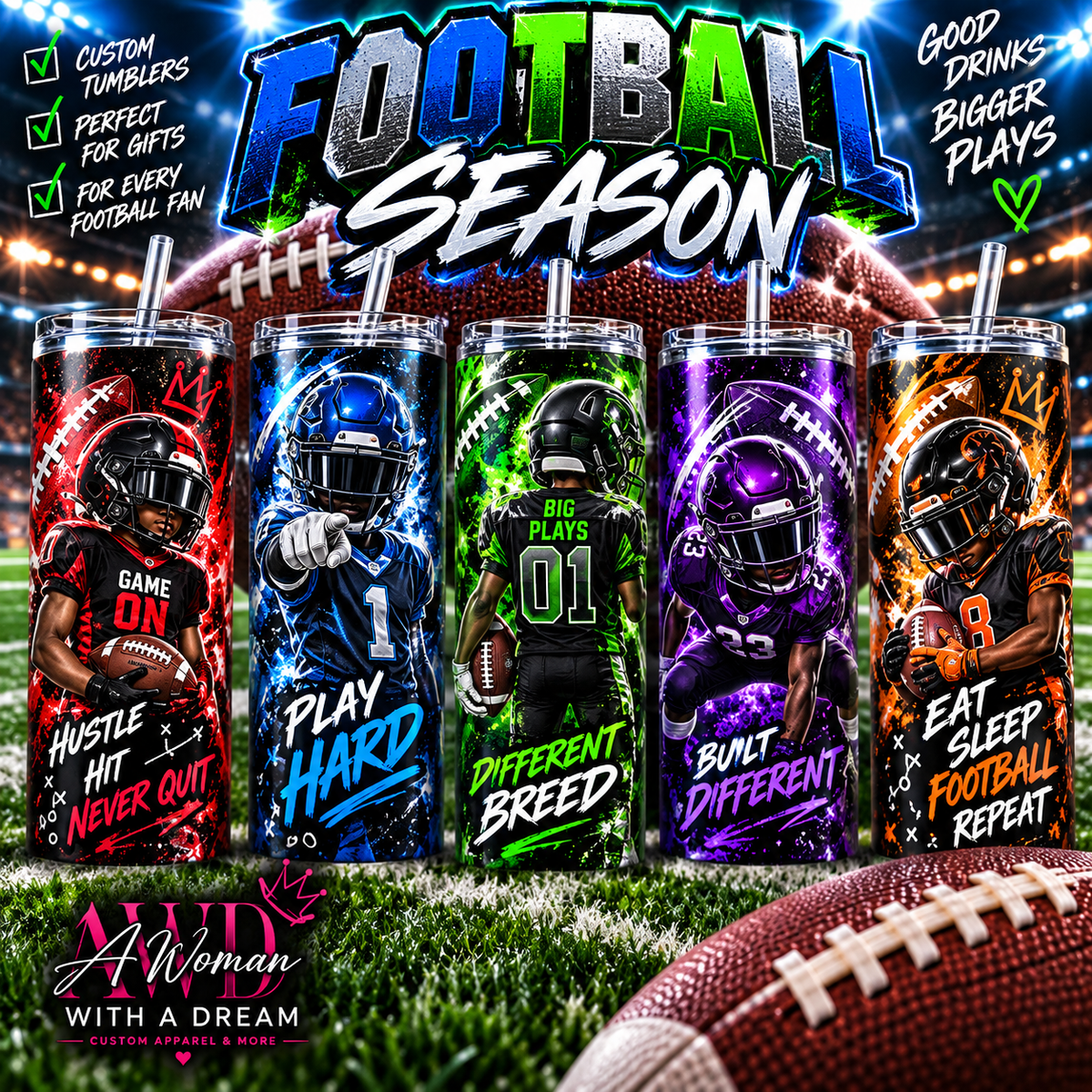 Custom Football Tumbler – Personalized Name, Number & Team Colors
