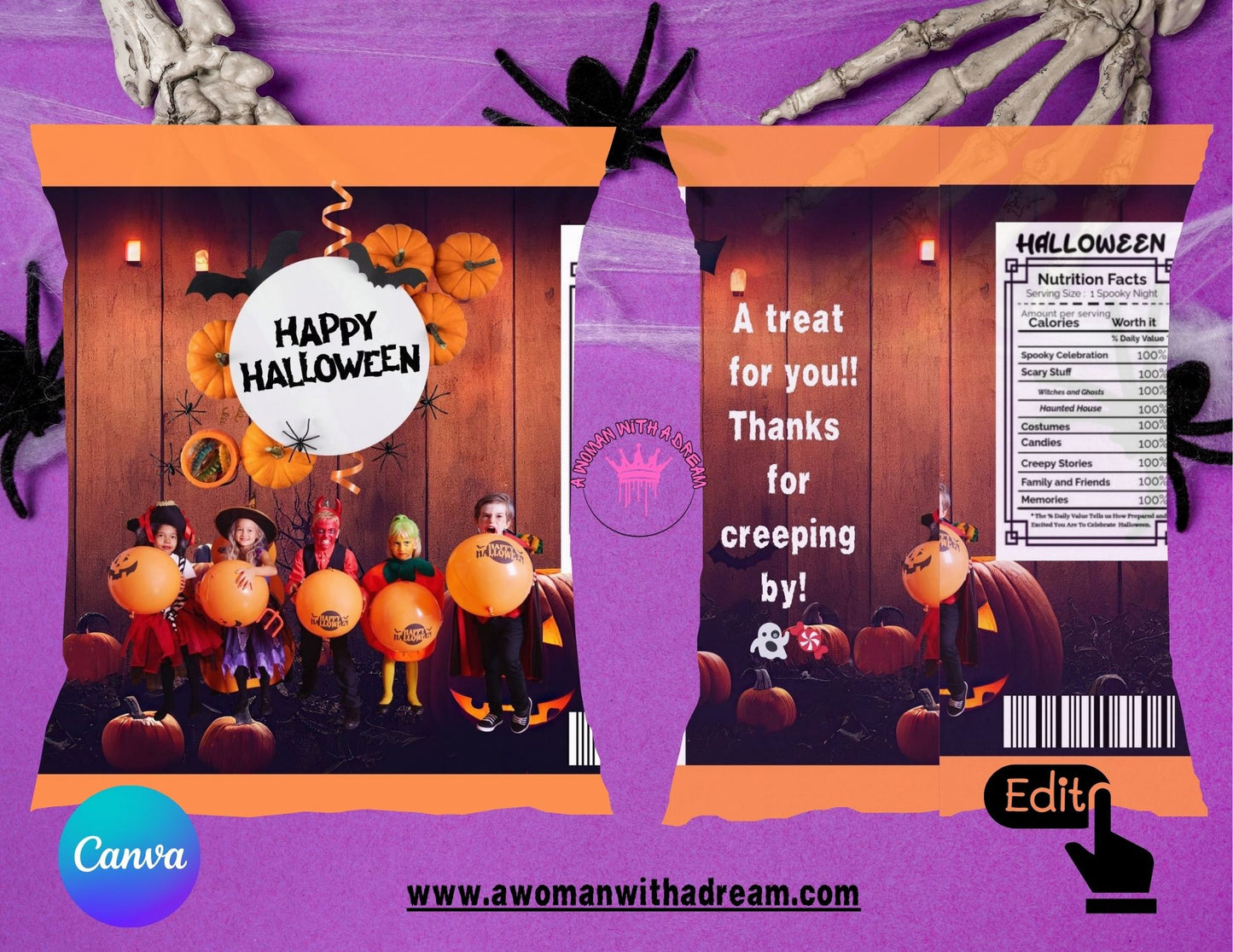 Halloween Chip Bag & Water Bottle Digital Template (Editable Canva File)